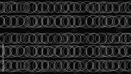 Abstract seamless pattern of interlocking white circle outlines forming horizontal bands on a solid black background for a modern look.