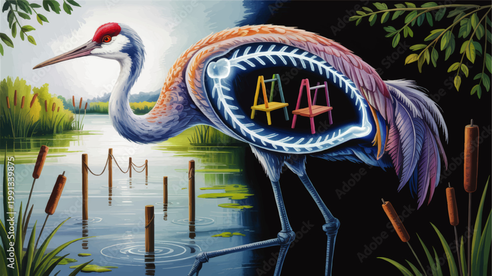 Naklejka premium Surreal crane anatomy illustration with wetland landscape, skeletal cutaway and colorful chairs inside bird body