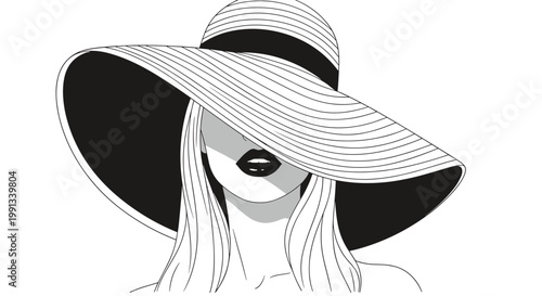 Minimalist black and white line art of a woman wearing a large floppy hat that partially covers her face, showing only her dark lips.