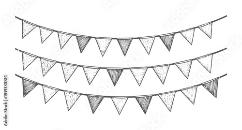 Hand drawn sketchy triangular bunting flags in dark grey and white triangle string