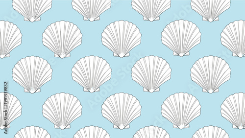 Seamless pattern featuring white hand drawn scallop shells arranged in rows on a light blue background for summer theme.