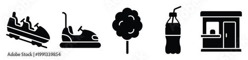 Amusement park icons roller coaster, bumper car, cotton candy, soda, and ticket booth for fun designs