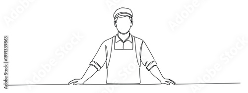 Continuous line drawing of a hospitality professional wearing a cap and apron leaning on a counter, perfect for industry promotions