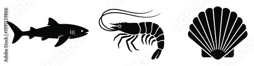 Oceanic wildlife collection featuring shark, shrimp, and scallop shell silhouettes perfect for marine themed branding and educational materials