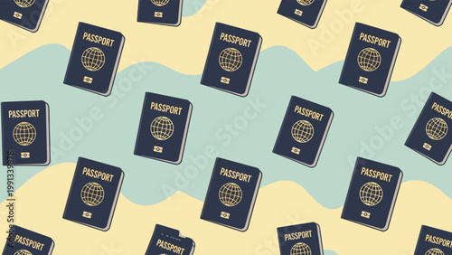 Passports with golden globe emblems scattered in a repeating pattern over a wavy light green and yellow background.