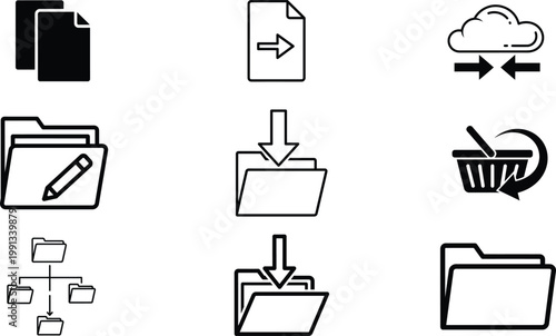 Data transfer and storage icons silhouette style for digital file management