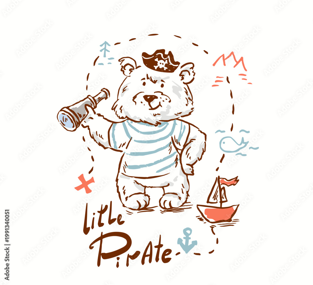 Obraz premium Bear pirate with ship and treasure map 