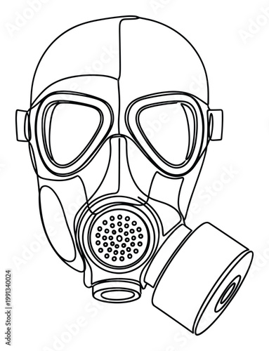 Line art drawing of a protective gas mask representing safety, chemical warfare, or security concepts.