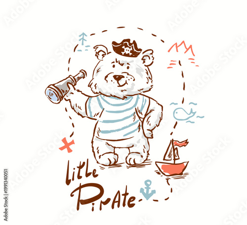  Bear pirate with ship and treasure map 
