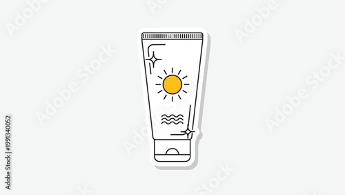 White sunscreen cream tube with a yellow sun icon and sparkles on a light grey background with a sticker border.