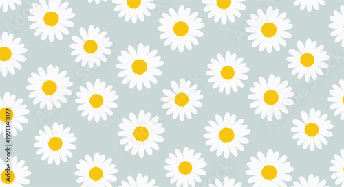 Seamless floral pattern featuring white daisies with yellow centers scattered across a pale blue grey background.