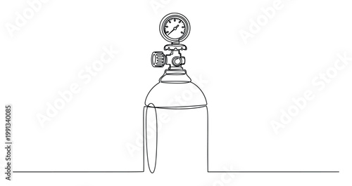 Single line drawing of gas cylinder with gauge for medical or industrial application visuals.