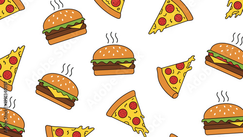 Seamless food pattern featuring steaming double cheeseburgers and slices of pepperoni pizza on a white background.