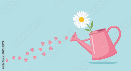 Pink watering can with a large daisy flower growing from the top spraying a stream of small pink hearts on blue.