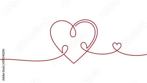 Elegant single continuous red line drawing forming two hearts of different sizes on a plain white background.