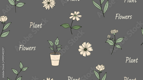 Subtle pattern of white flowers, green leaves, and a potted plant with text labels scattered on a dark grey background.