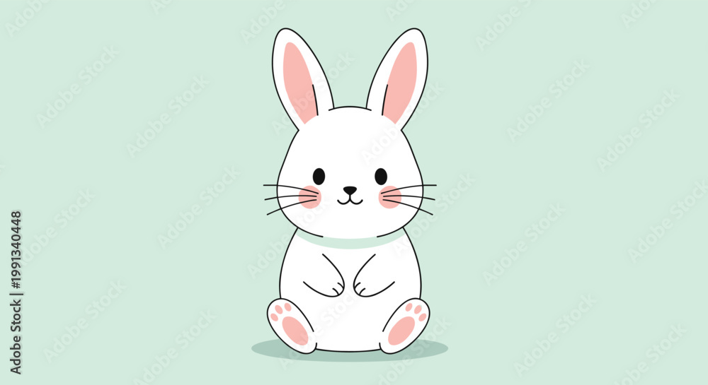 Obraz premium Adorable white rabbit with long ears and pink cheeks sits quietly on a light green background in a simple and clean style.