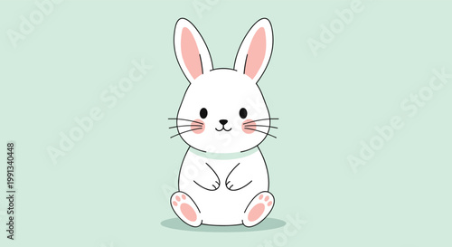 Adorable white rabbit with long ears and pink cheeks sits quietly on a light green background in a simple and clean style.