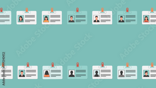 Pattern of various employee ID badges with different portraits and colors arranged in rows on a teal background.