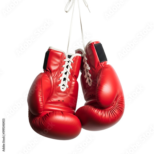 Red Boxing Gloves Hanging Against a White Background for Sports and Fitness Sportswear Promotion