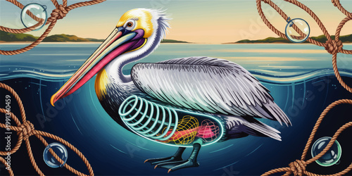 Pelican with Plastic Waste Inside Body Illustration, Ocean Pollution Concept, Marine Conservation Art with Fishing Nets and Ropes