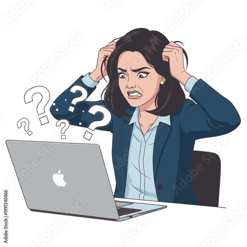 Stressed businesswoman pulling hair, looking at laptop with question marks, frustrated by technology problems.