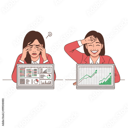Businesswoman comparing data, showing stress from negative financial charts and happiness from positive growth graphs on laptop.