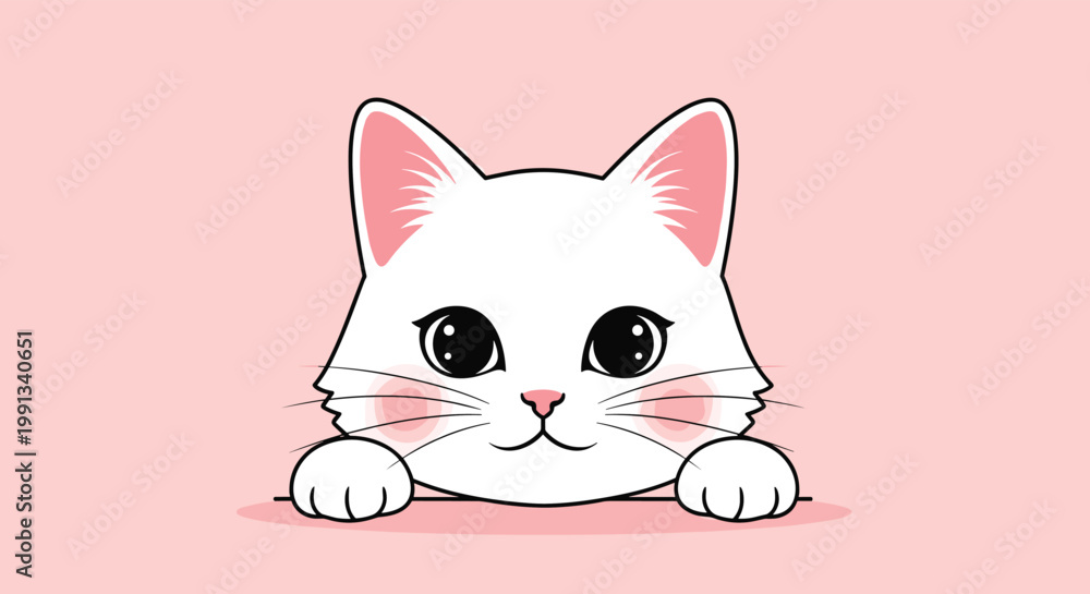 Fototapeta premium Adorable white kitten with large black eyes and pink ears is peeking over a line against a soft pink background in a simple flat style.