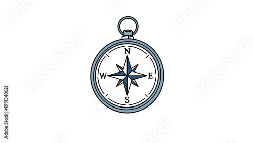 Detailed icon of a classic nautical compass with a blue needle pointing north against a clean white background for travel.