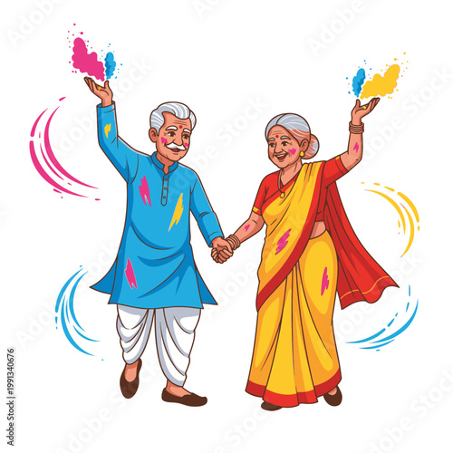 Elderly Indian couple celebrating Holi festival, throwing vibrant colors, holding hands, and enjoying the festive spirit.