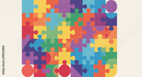 Abstract composition of colorful interconnected puzzle pieces.