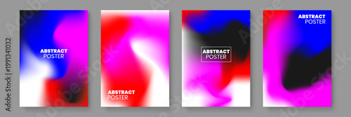 A collection of four modern abstract posters featuring vibrant fluid mesh gradients and blurry colorful shapes for creative design projects