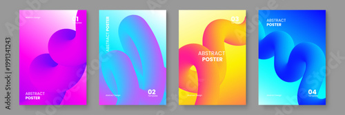 Contemporary collection of posters featuring thick volumetric wavy fluid shapes and saturated color gradients for digital media covers