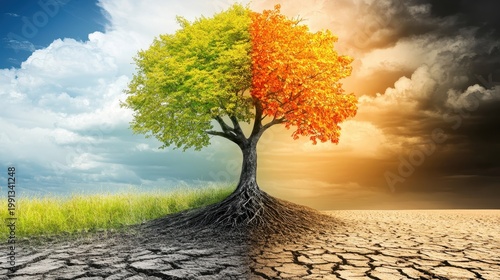 A single tree vividly depicts the stark contrast between lush, vibrant growth and arid, cracked earth, symbolizing environmental change.