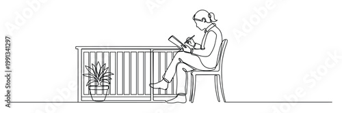 Person working diligently on a tablet or notebook at a desk with a plant continuous line drawing for educational and productivity themes