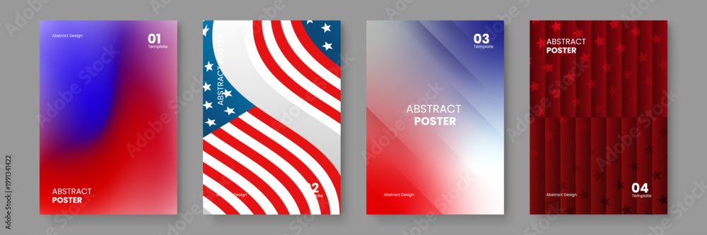 Fototapeta premium A collection of four patriotic posters using abstract interpretations of the American flag with stars and stripes in red white and blue