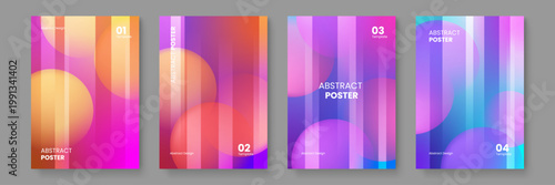 Set of four abstract posters featuring geometric circular shapes and vertical stripe overlays with soft colorful gradient transitions