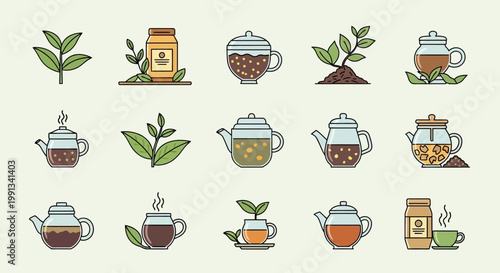 ollection of herbal tea icons for International Tea Day with various teapot and leaf designs in vector flat style