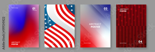 A collection of four patriotic posters using abstract interpretations of the American flag with stars and stripes in red white and blue