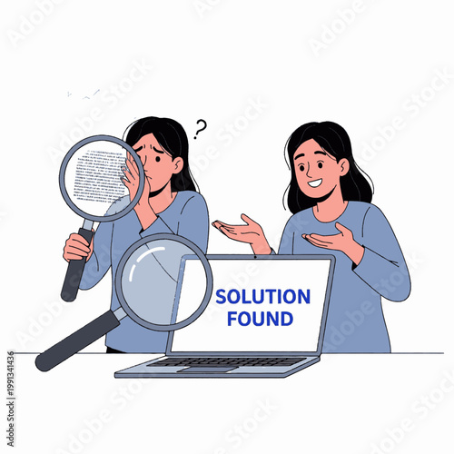 Illustration of problem-solving: Woman searching for answers with a magnifying glass, while another presents 'Solution Found' on a laptop.