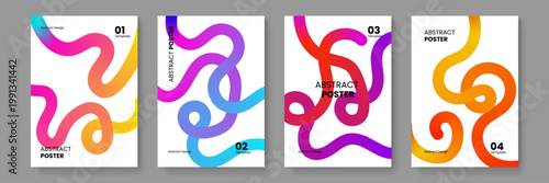 Set of four clean white posters featuring vibrant fluid lines in rainbow gradients for a modern and artistic minimalist look