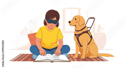 A visually impaired child reading a braille book with a guide dog.