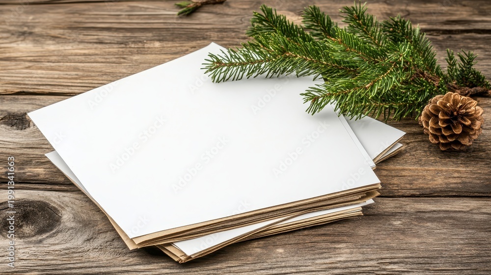 Fototapeta premium Blank Christmas Cards Stacked on a Rustic Wooden Table with a Green Pine Branch and Natural Lighting
