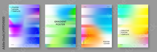 Creative poster collection showcasing colorful horizontal stripe patterns blended with smooth mesh gradients for modern digital backdrops