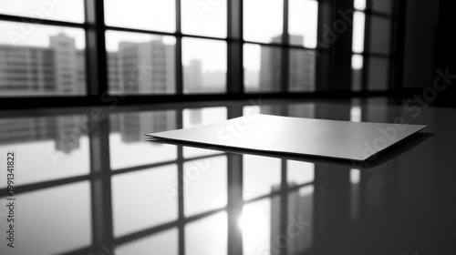 Clean lined document placed on reflective surface in modern business office with cityscape view
