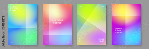 Collection of abstract posters featuring vibrant geometric gradients and soft mesh colorful transitions for modern design projects