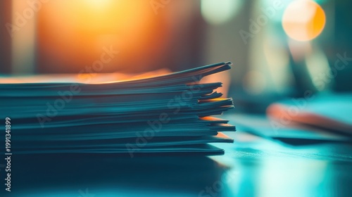 A stack of financial compliance documents and policy papers sits on an office desk with warm ambient light
