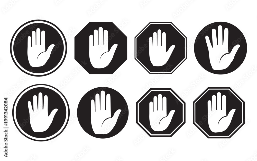 Obraz premium WebStop Hand Sign Icon Set – Red Do Not Enter Warning Symbols with White Hand Vector Illustration