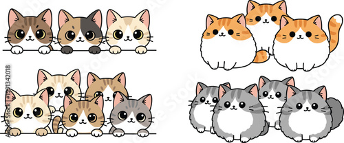 Cute fluffy kittens cartoon set with different cat breeds peeking and sitting vector illustration
