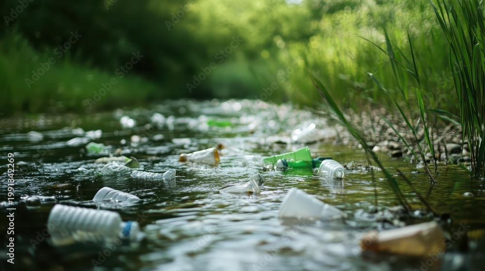 Fototapeta premium Discarded Plastic Containers Float Through Polluted River Water with Green Reeds and Vegetation